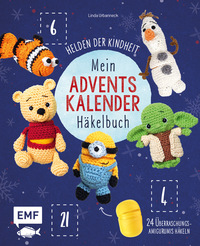 Buchcover mit dem Titel 'Mein Adventskalender Häkelbuch'. Abgebildete gehäkelte Figuren wie Winnie Puuh und Olaf.