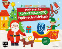 Buchcover für einen Adventskalender mit dem Titel 'Mein erstes Adventskalender Papierschneidebuch'. Abgebildet sind ein Weihnachtsmann, ein Elf und ein Hund vor einer winterlichen Szenerie.