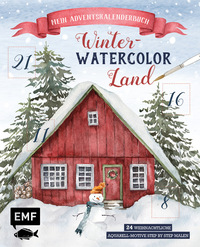 Cover eines Adventskalenderbuchs mit dem Titel 'Winter-Watercolor Land'. Abbildung eines roten Hauses im Schnee mit Tannenbäumen.