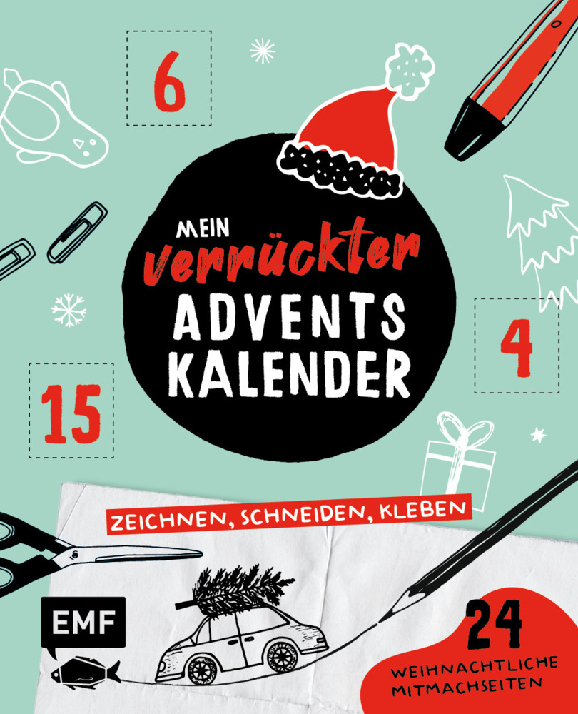 Buchcover mit dem Titel 'Mein verrückter Adventskalender'. Grafische Elemente wie Schere, Auto und Weihnachtsbaum.