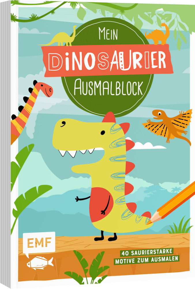 Buchcover mit dem Titel 'Mein Dinosaurier Ausmalblock'. Bunte Illustrationen von Dinosauriern. Ein fröhlicher Dinosaurier in der Mitte. Farbige Elemente und Pflanzen im Hintergrund.