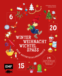 Buchcover mit rotem Hintergrund. Titel: Winter Weihnachts Wichtel Spaß, Adventskalenderbuch mit weihnachtlichen Motiven.