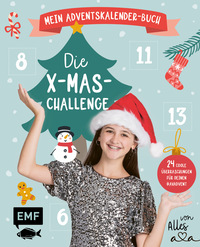 Buchcover mit Titel 'Die X-Mas-Challenge'. Mädchen mit Weihnachtsmütze und Glitzeroberteil vor einem Weihnachtsbaum.