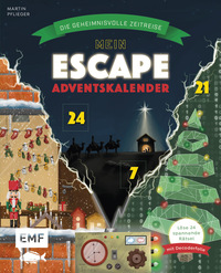 Cover eines Adventskalenders mit dem Titel 'Mein Escape Adventskalender'. Grafische Darstellung von Weihnachtsmotiven und Zahlen für die Tage bis Weihnachten.
