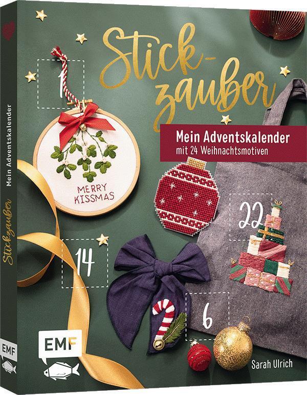 Buchcover mit dem Titel 'Mein Adventskalender'. Enthält verschiedene weihnachtliche Motive und Zahlen.