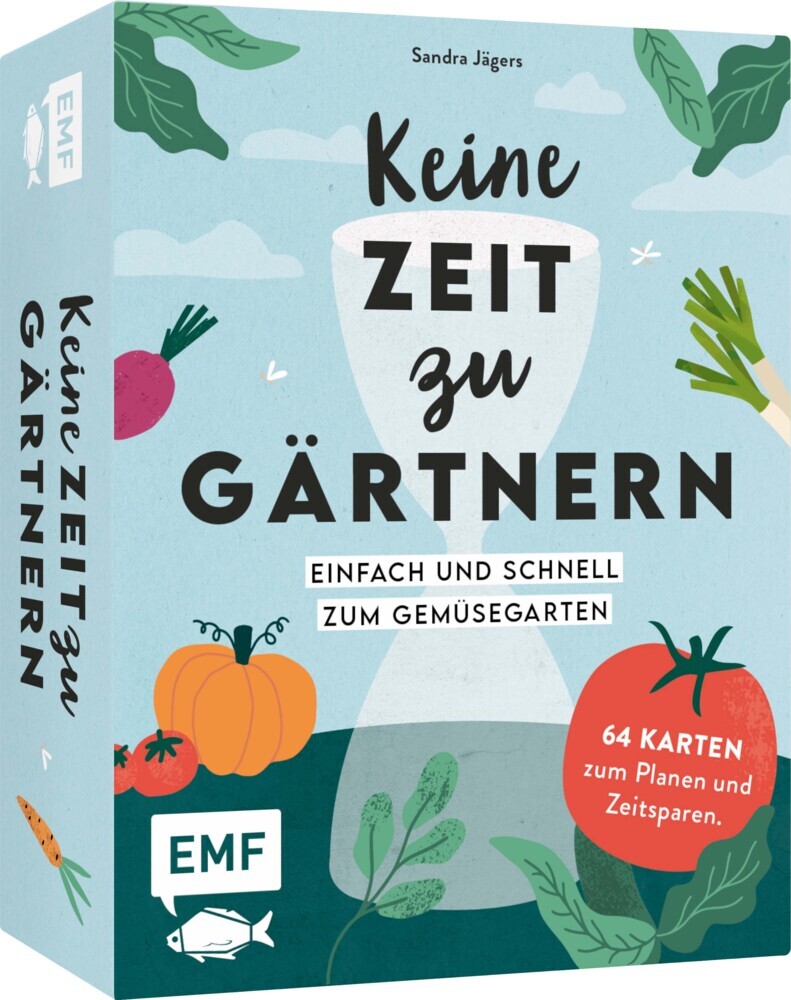 Buchcover mit dem Titel 'Keine Zeit zu Gärtnern'. Illustrationen von Gemüse und Pflanzen auf einem hellblauen Hintergrund.