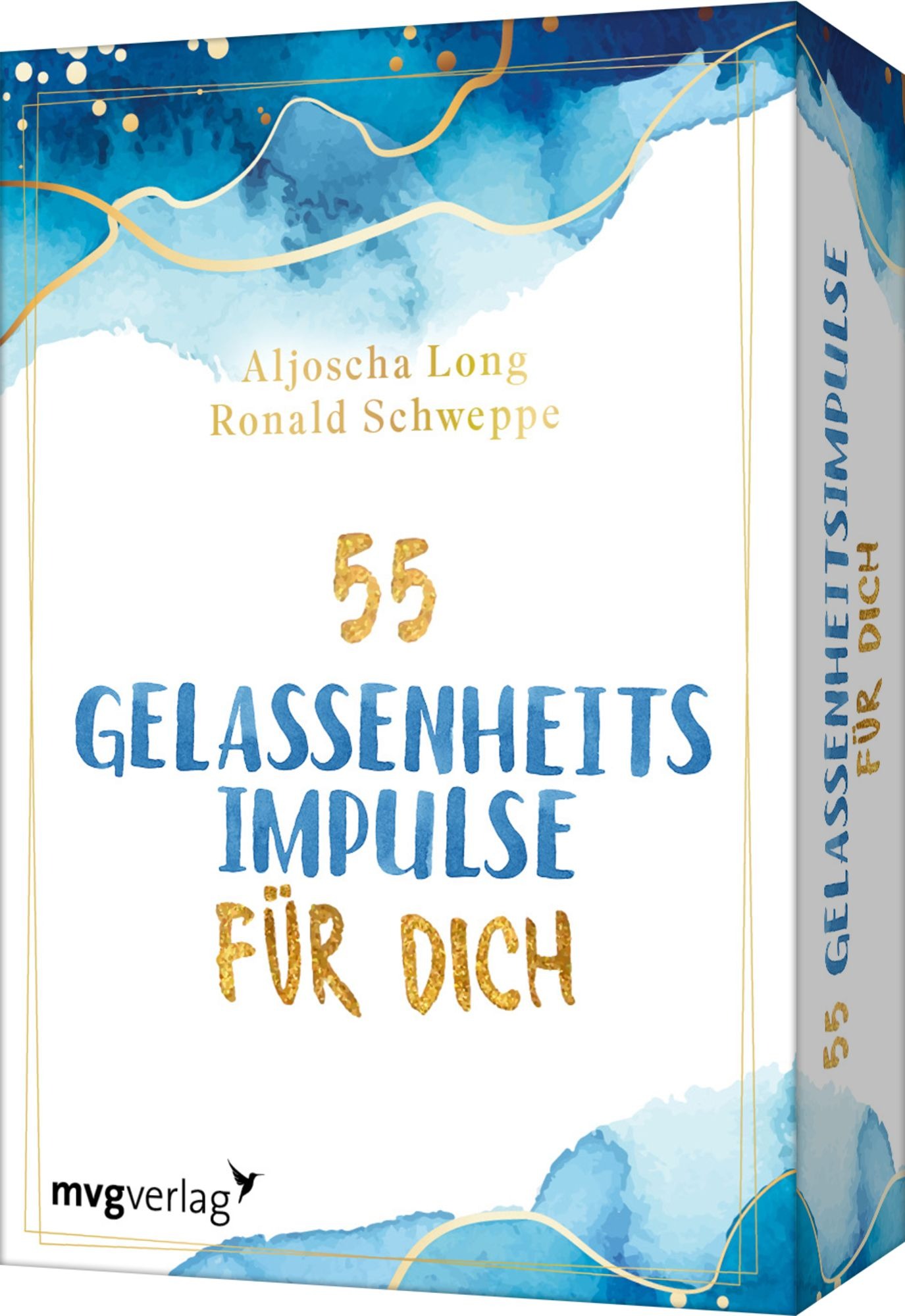 Buchcover mit dem Titel '55 Gelassenheitsimpulse für dich'. Farbverlauf in Blau und Gold. Autoren: Aljoscha Long, Ronald Schweppe. Verlag: mvgverlag.