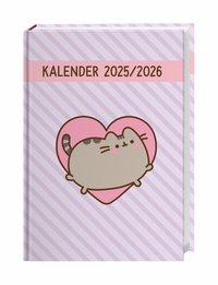 Kalender 2025/2026. Rosa Hintergrund mit diagonalen Streifen. Herzform mit einer grauen Katze. Einfaches, verspieltes Design.