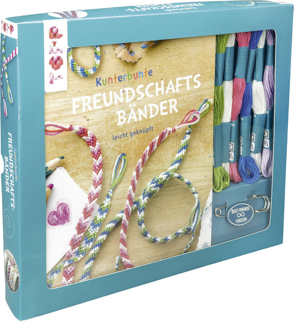 Buch mit dem Titel 'Freundschaftsbänder'. Enthält verschiedene bunte Fäden zum Knüpfen von Armbändern.