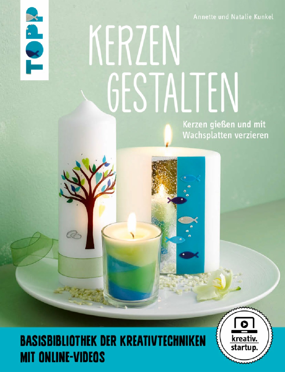 Buchcover mit dem Titel 'Kerzen gestalten'. Drei dekorierte Kerzen auf einem Teller, farbenfroh und kreativ.