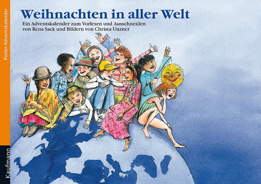 Buchcover 'Weihnachten in aller Welt'. Kinder verschiedener Kulturen sitzen fröhlich auf einer Weltkugel.