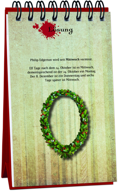 Ein Kalenderblatt mit der Aufschrift 'Lösung'. Es geht um das Verschwinden von Philip Edgerton.