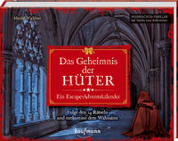 Buchcover mit dem Titel 'Das Geheimnis der Hüter'. Dunkler Hintergrund mit einer Figur in einem roten Umhang.