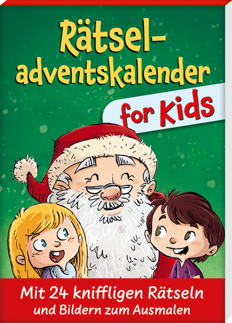 Buchcover mit dem Titel Rätseladventskalender for Kids. Zwei Kinder und ein Weihnachtsmann sind abgebildet.