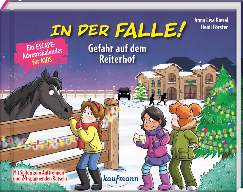 Buchcover mit dem Titel 'In der Falle! Gefahr auf dem Reiterhof'. Abgebildet sind Kinder und ein Pferd in winterlicher Landschaft.