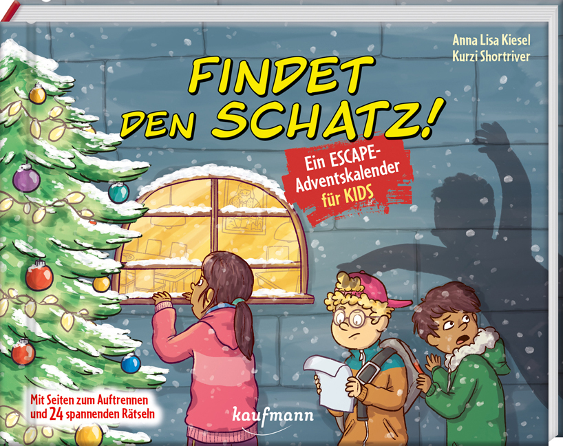 Buchcover mit dem Titel 'FINDEN den SCHATZ!'. Illustration von Kindern vor einem Fenster mit Schnee und einem Weihnachtsbaum.