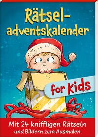 Buchcover mit dem Titel 'Rätseladventskalender for Kids'. Ein Kind mit rotem Weihnachtsmütze sitzt in einem Geschenkekarton.