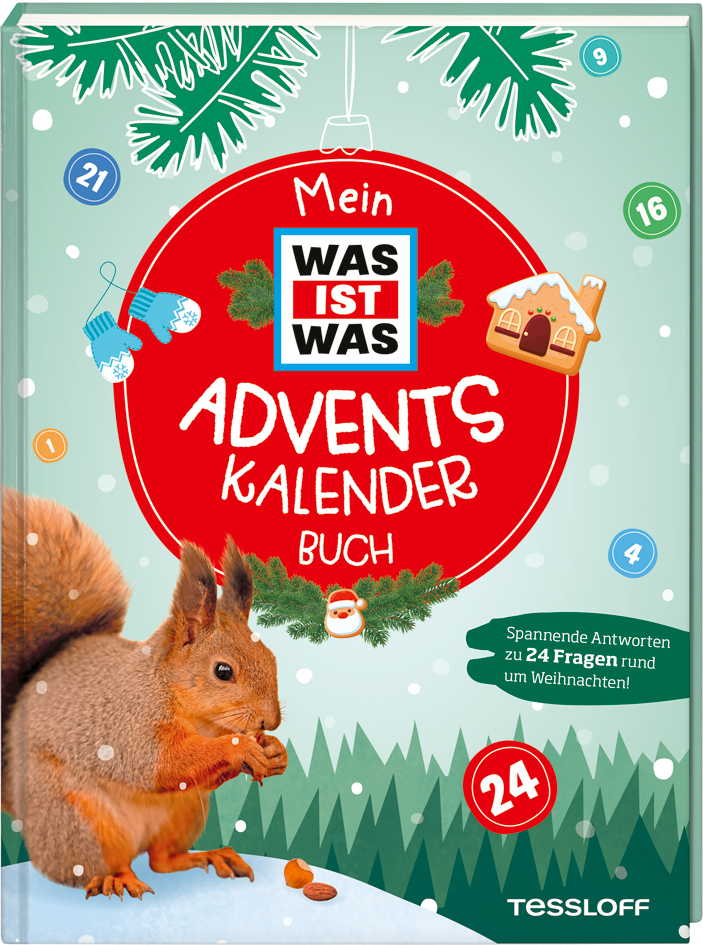 Buchcover mit dem Titel 'Mein WAS IST WAS ADVENTSKALENDER BUCH'. Abgebildet ist ein Eichhörnchen mit Nüssen vor einer winterlichen Kulisse.