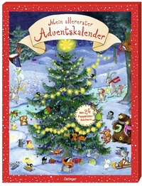 Buchcover mit Titel 'Mein allererster Adventskalender'. Weihnachtsbaum in einer verschneiten Landschaft mit vielen Tieren.
