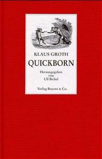 Buchcover von 'Quickborn' von Klaus Groth. Roter Hintergrund mit einer Illustration und Text in Schwarz.