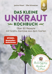 Buchcover mit dem Titel 'Das kleine Unkraut Kochbuch'. Abbildung von Kräutern und einem Küchenutensil.