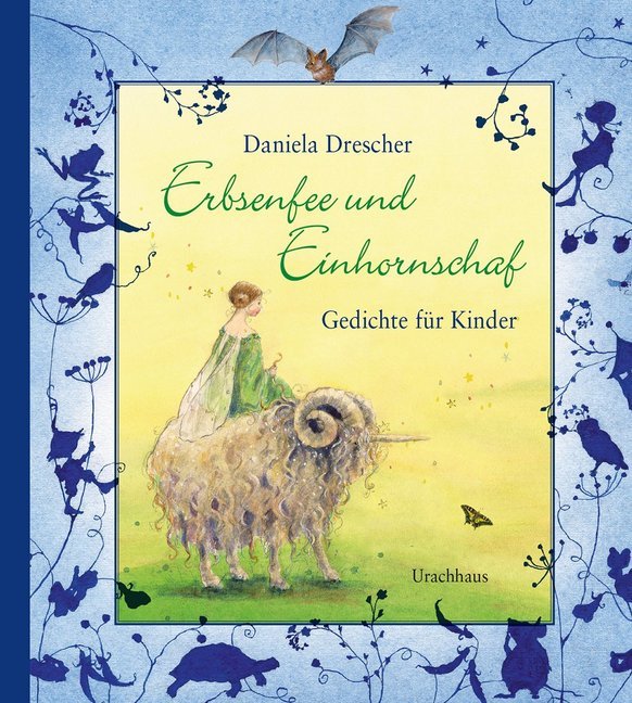 Buchcover mit dem Titel Erbsenfee und Einhornschaf. Illustration einer Fee auf einem Schaf vor einem bunten Hintergrund.