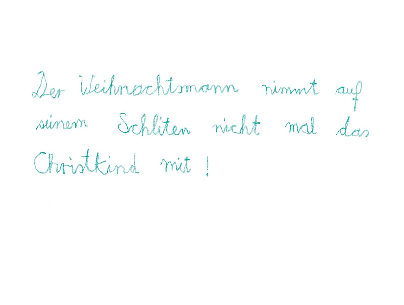 Weihnachtsmann mit rotem Hut und weißem Bart. Schriftzug in Türkis, handgeschrieben, auf weißem Hintergrund.