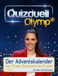 Cover des Adventskalenders zur Promi-Quizshow im Ersten. Eine Frau in rotem Blazer lächelt vor einem Sternenhimmel.