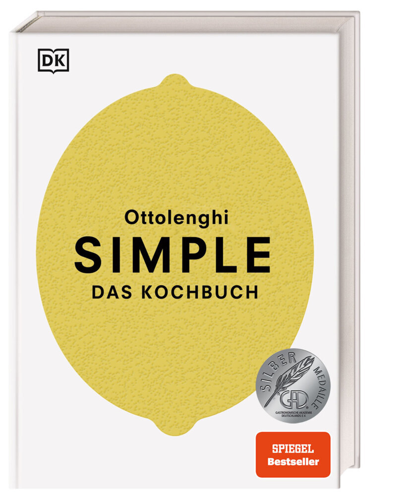 Buchcover mit gelbem Hintergrund und ovaler Form. Titel: Ottolenghi SIMPLE, darunter steht 'Das Kochbuch'.