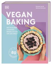 Buchcover mit dem Titel 'Vegan Baking'. Farbige Gestaltung in Lila und Rosa, zeigt einen Kuchen mit Beeren.