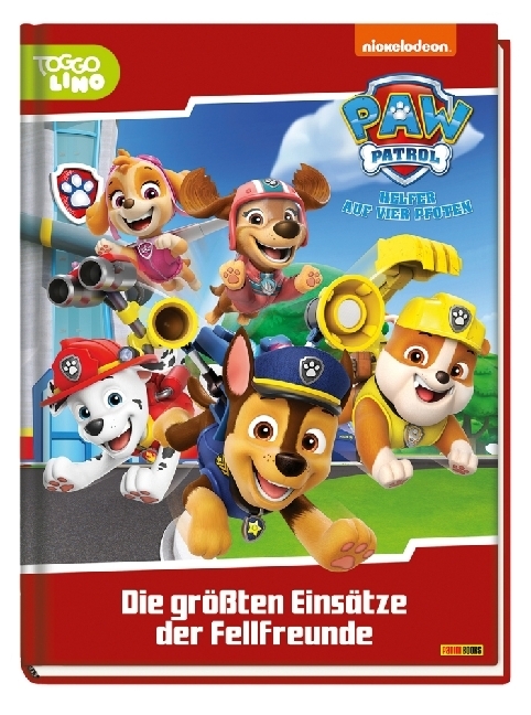 Buchcover von Paw Patrol. Titel: Die größten Einsätze der Fellfreunde, mit mehreren Hunden in Action.