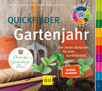 Gartenbuch mit Titel Quickfinder Gartenjahr. Cover in grün mit bunten Elementen, zeigt eine Gießkanne und Pflanzen.