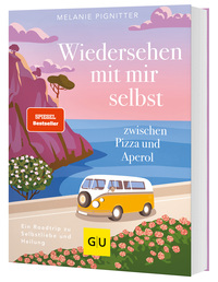 Buchcover mit dem Titel 'Wiedersehen mit mir selbst'. Darstellung einer Küstenlandschaft mit einem VW-Bus.