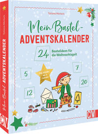 Buchcover mit dem Titel 'Mein Bastel-Adventskalender'. Bunte Illustrationen von Weihnachtsmotiven und einem kleinen Elf.