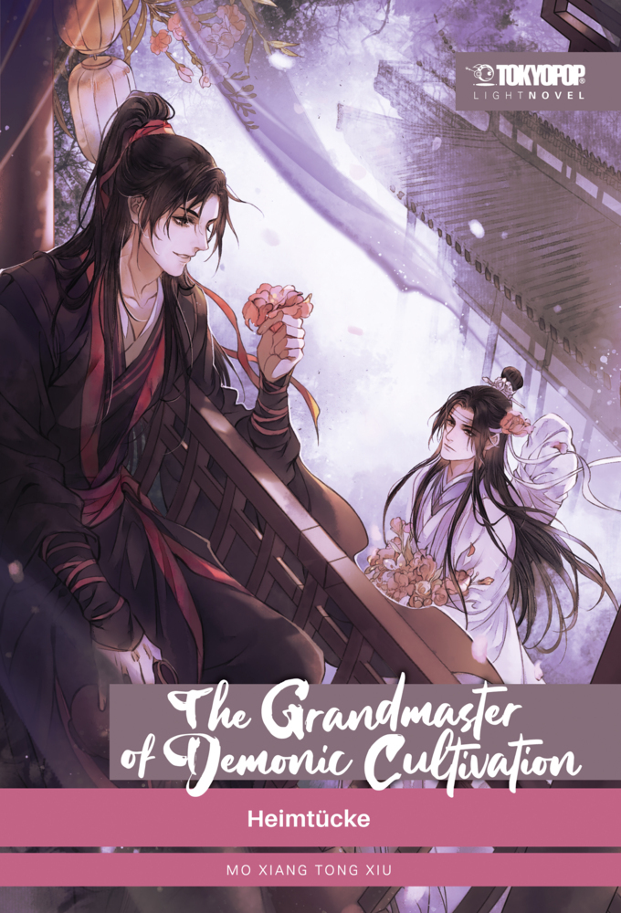 Cover des Buches 'The Grandmaster of Demonic Cultivation'. Zwei männliche Figuren in traditioneller Kleidung, eine mit Blumen.
