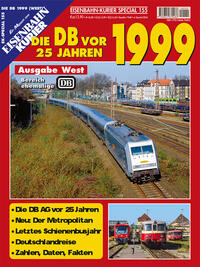 Cover einer Zeitschrift mit dem Titel 'Die DB vor 25 Jahren 1999'. Abbildung eines Zuges auf Schienen, rote Hintergrundfarbe.