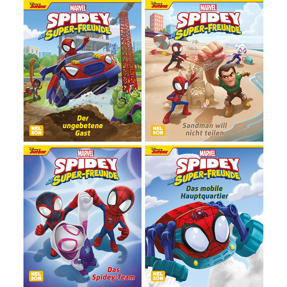Vier Buchcover von Spidey Super-Freunde. Titel: Der ungebetene Gast, Sandman will nicht teilen, Das Spidey-Team, Das mobile Hauptquartier.