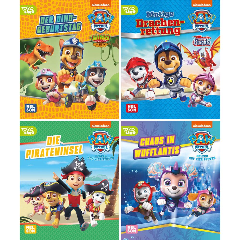 Vier Buchcover der Serie Paw Patrol. Titel: Der Dino-Geburtstag, Mutige Drachenrettung, Die Pirateninsel, Chaos in Wufflantis.