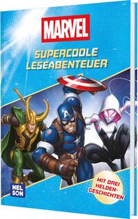 Buchcover mit dem Titel 'Supercoole Leseabenteuer'. Abgebildete Charaktere sind Loki, Captain America und Spider-Gwen.