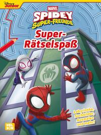 Cover eines Rätselbuchs mit dem Titel 'Super-Rätselspaß'. Abgebildet sind Spider-Man und andere Charaktere in einem bunten Design.