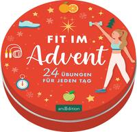 Runde Dose mit rotem Deckel. Aufschrift 'FIT IM Advent' und Abbildung einer sportlichen Person mit Gewichten.