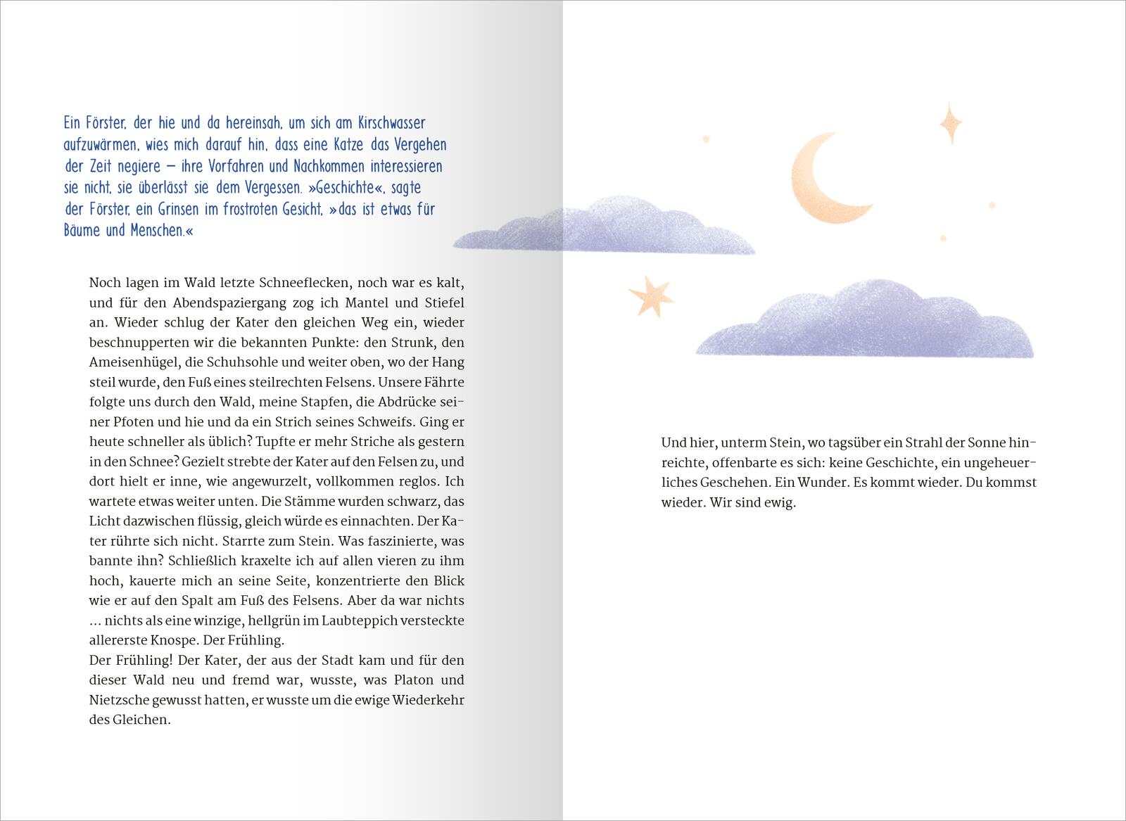 Zwei Buchseiten mit Text in deutscher Sprache, links mit blauer Überschrift, rechts mit Illustration von Wolken, Sternen und Monden in Pastellfarben.