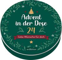 Runde Dose in grün mit Weihnachtsmotiv. Beschriftung Advent in der Dose, 24 liebe Wünsche für dich.