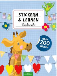 Buchcover mit dem Titel Stickern und Lernen Denkspiele. Abbildung einer Giraffe und bunte Sticker.