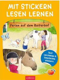 Buchcover mit dem Titel Mit Stickern Lesen Lernen. Illustration von einem Reiterhof mit einem Kind und zwei Pferden.