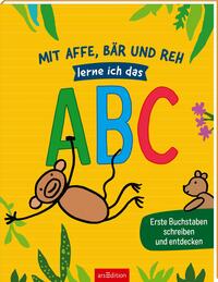 Buchcover mit dem Titel Mit Affe Baer und Reh lerne ich das ABC. Bunte Illustrationen von Tieren und Pflanzen.