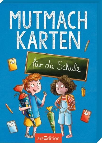 Buchcover mit dem Titel Mutmachkarten für die Schule. Zwei Kinder stehen nebeneinander, eines hält eine Rolle Papier.