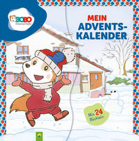 Buchcover mit dem Titel 'Mein Adventskalender'. Ein fröhliches Tier in Winterkleidung läuft durch den Schnee.