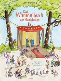Buchcover mit dem Titel 'Das Wimmelbuch der Heidehasen'. Bunte Illustration von Hasen bei verschiedenen Aktivitäten unter Bäumen.
