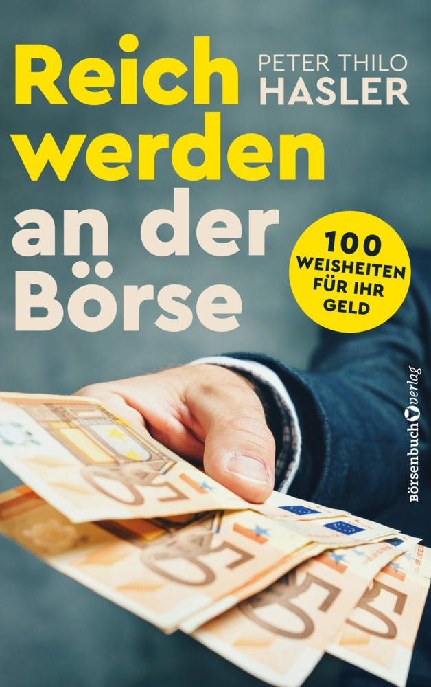 Buchcover mit dem Titel 'Reich werden an der Börse'. Geldscheine werden von einer Hand gehalten.